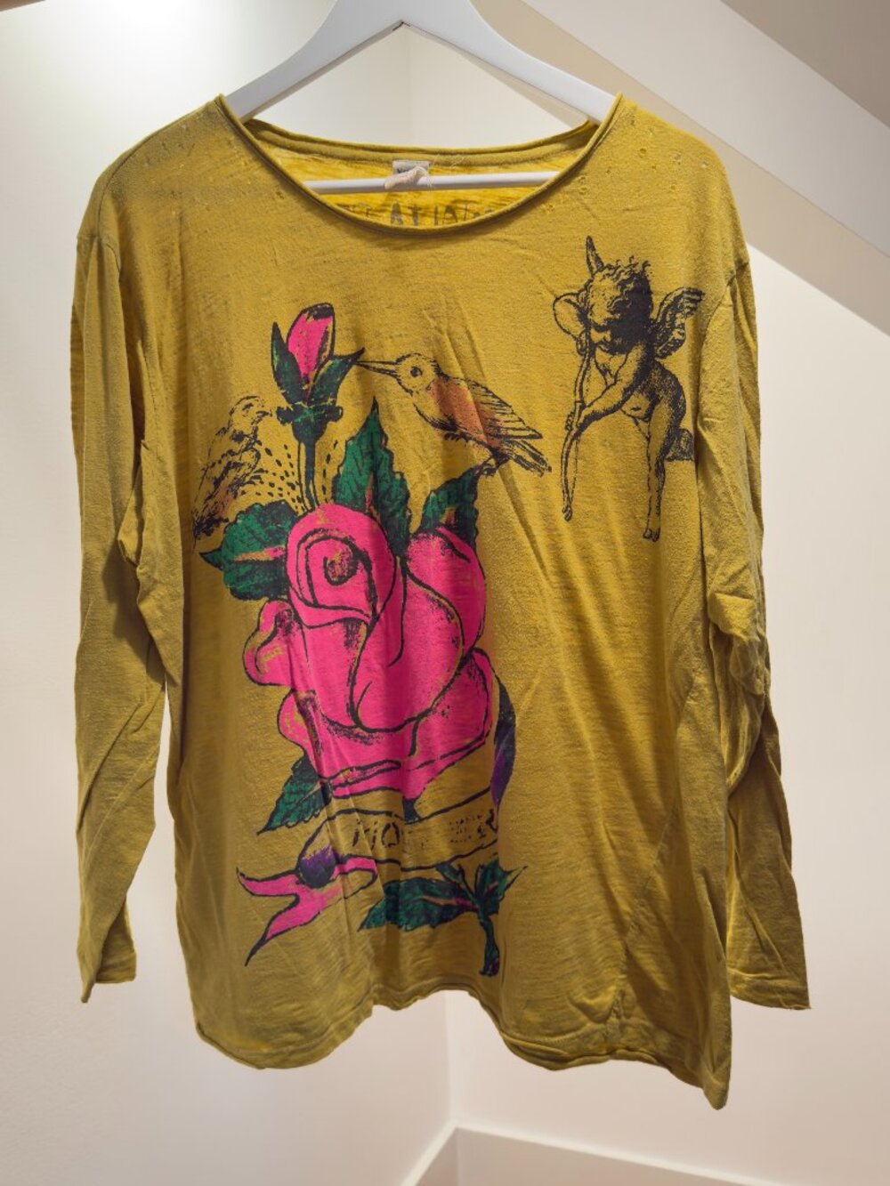 Magnolia Pearl LONG Sleeve T-Shirt - Yellow, Neon Pink Rose, Bird, Cherub